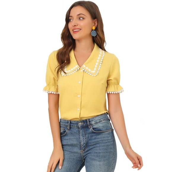 Sweet Peter Pan Contrast Collar Short Sleeves Button Up Blouse Tops Yellow - Picture 2 of 6